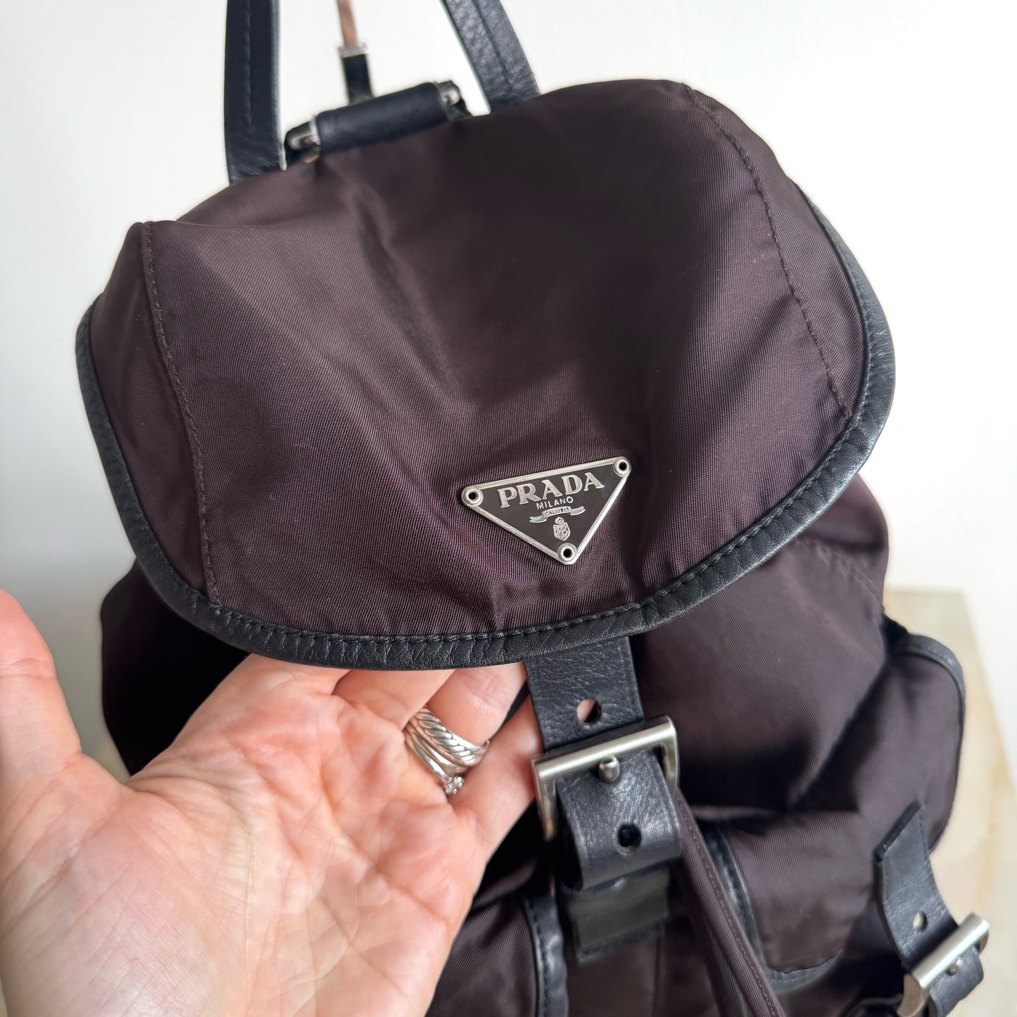 Prada Tessuto Nylon Small Backpack Triangle Logo Chocolate Brown