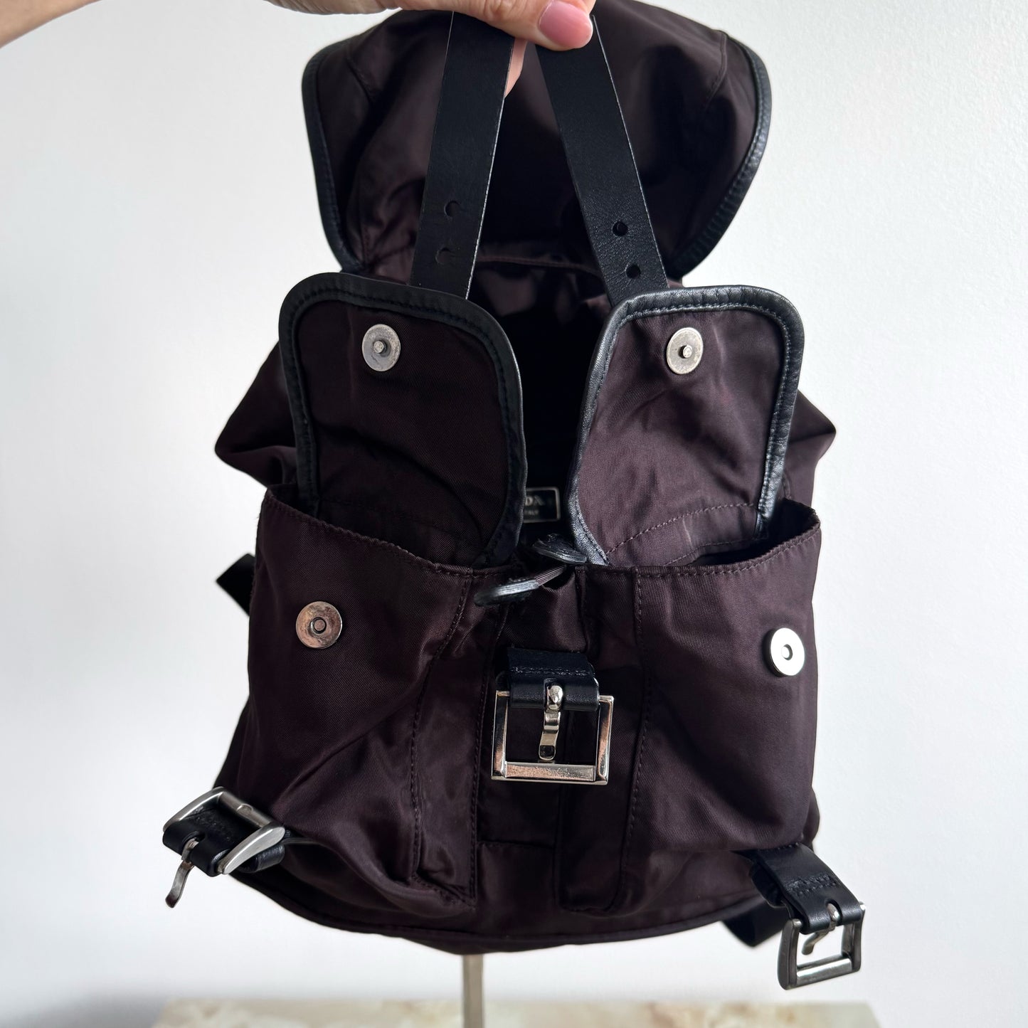Prada Tessuto Nylon Small Backpack Triangle Logo Chocolate Brown