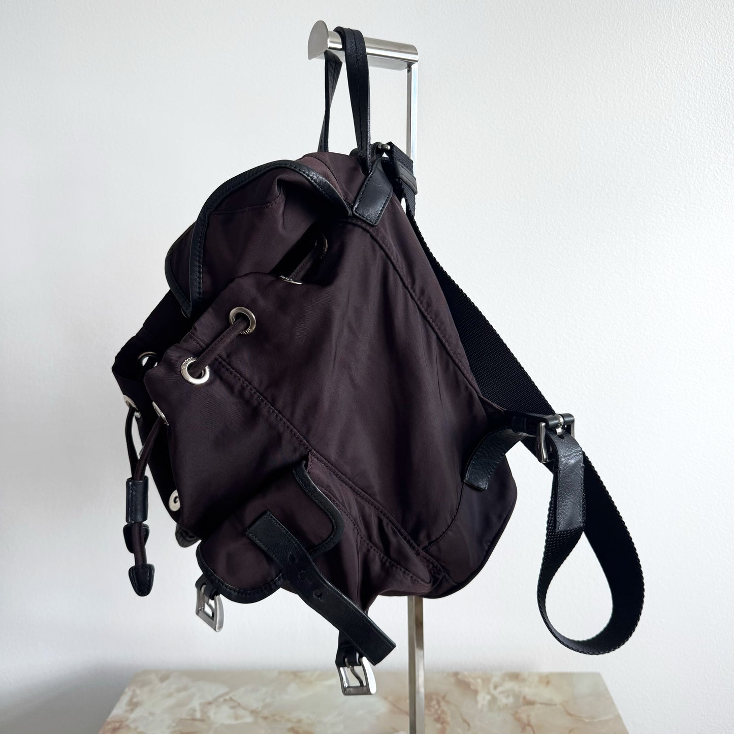 Prada Tessuto Nylon Small Backpack Triangle Logo Chocolate Brown
