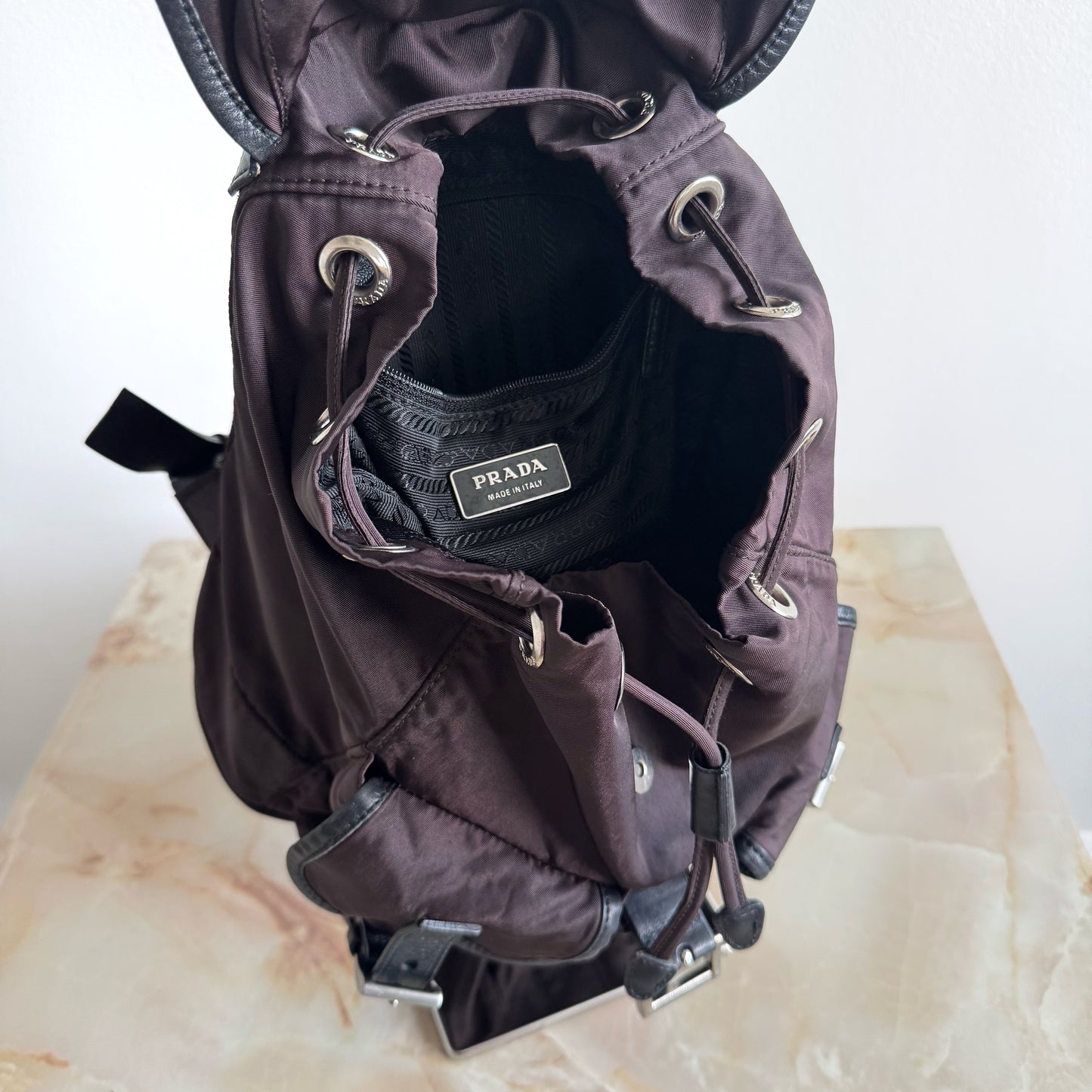 Prada Tessuto Nylon Small Backpack Triangle Logo Chocolate Brown