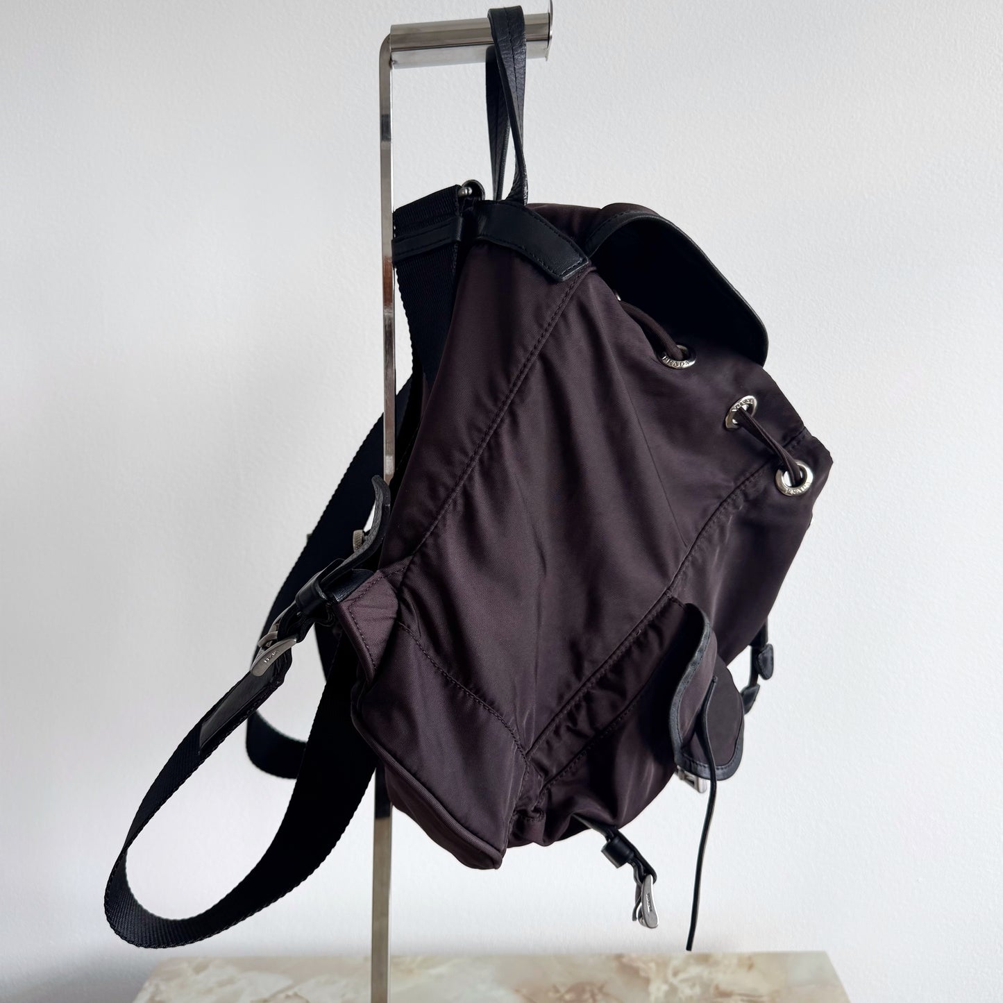 Prada Tessuto Nylon Small Backpack Triangle Logo Chocolate Brown