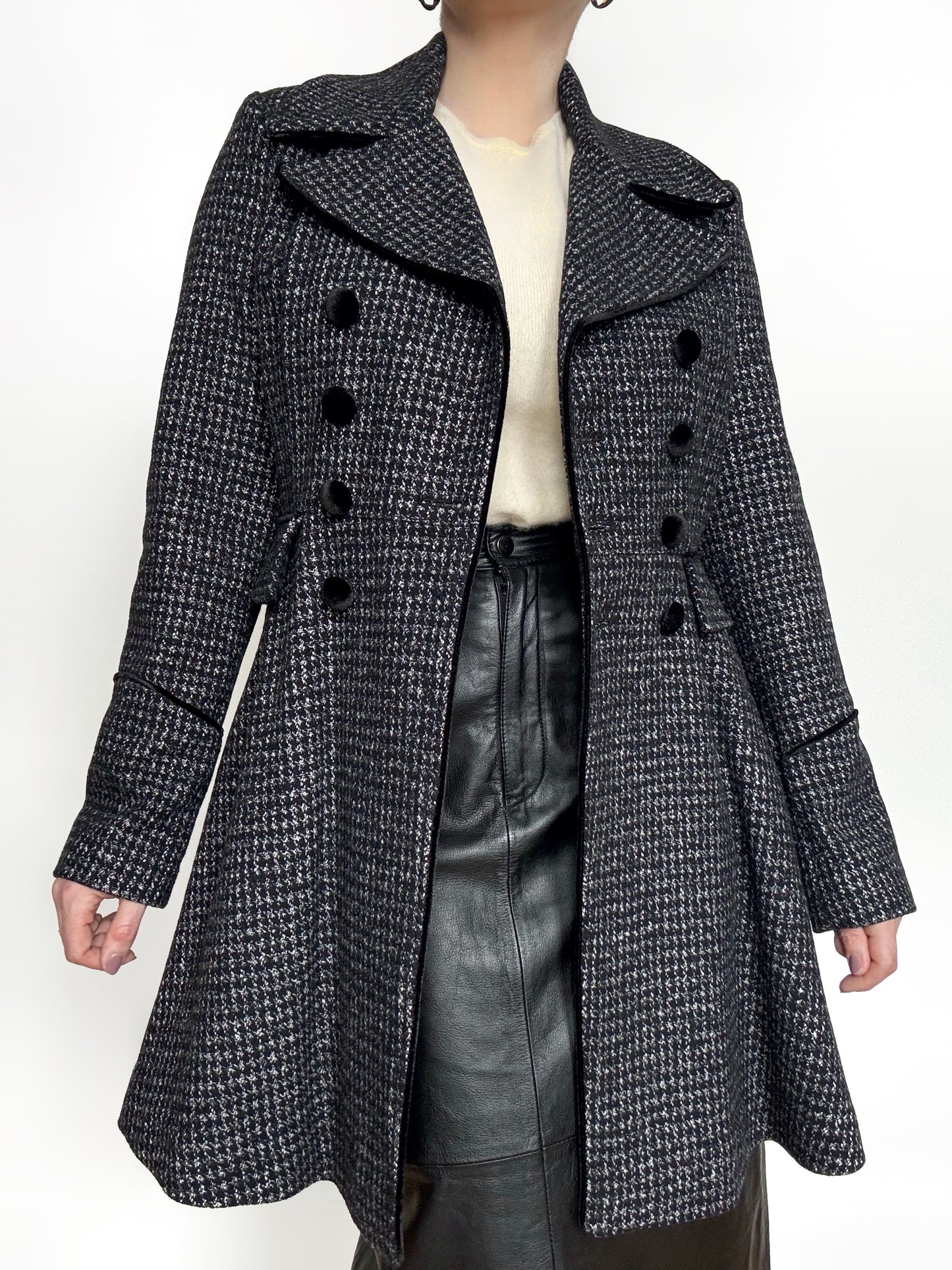 Guess Velvet Trim Coat in Herringbone Tweed