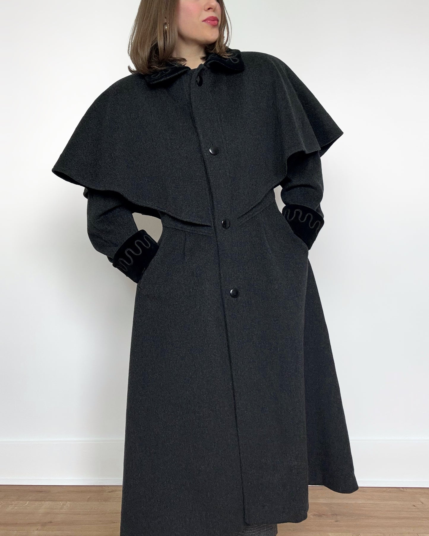 80s Charcoal Cape Coat with Velvet Details