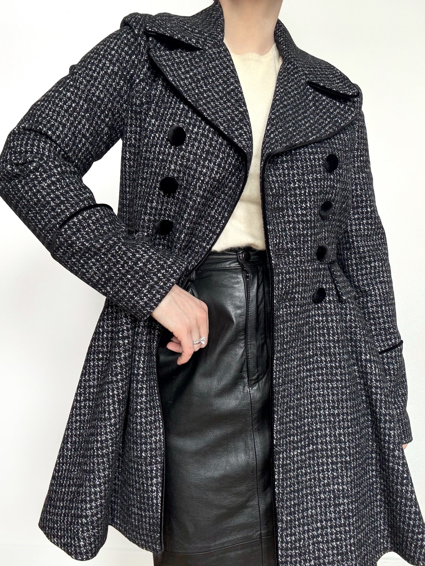 Guess Velvet Trim Coat in Herringbone Tweed