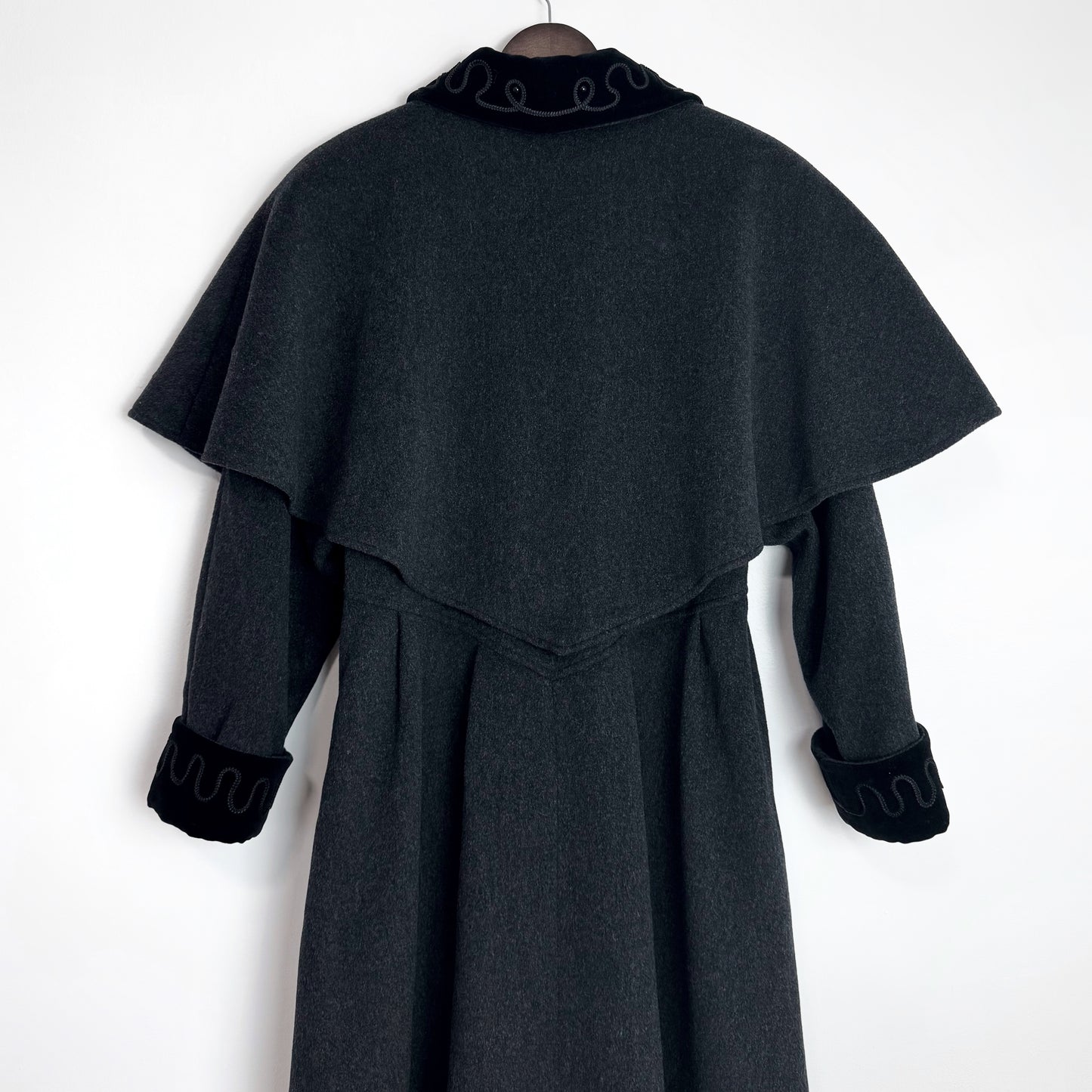 80s Charcoal Cape Coat with Velvet Details