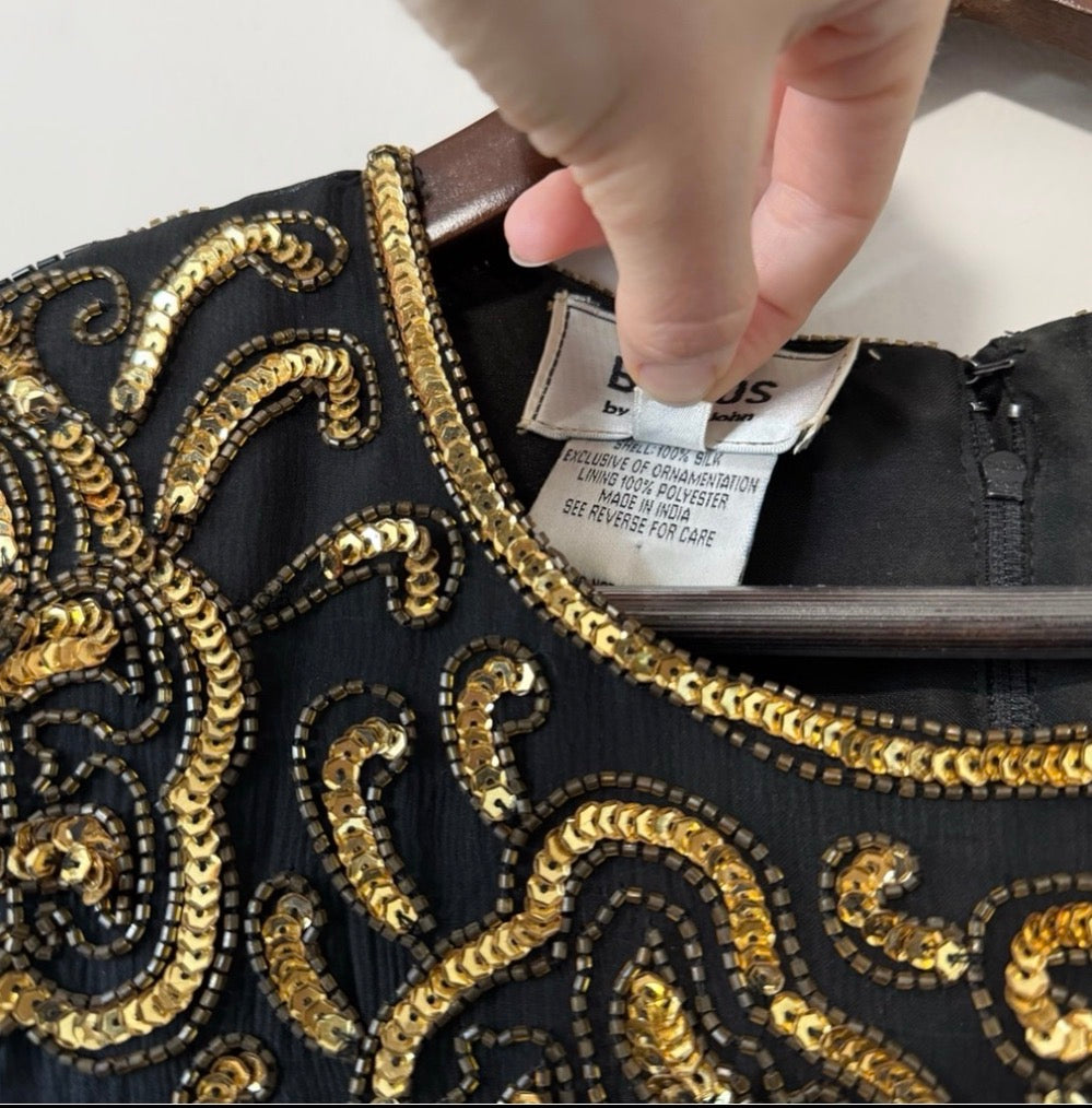 80s Silk Beaded Sequin Knee Length Dress