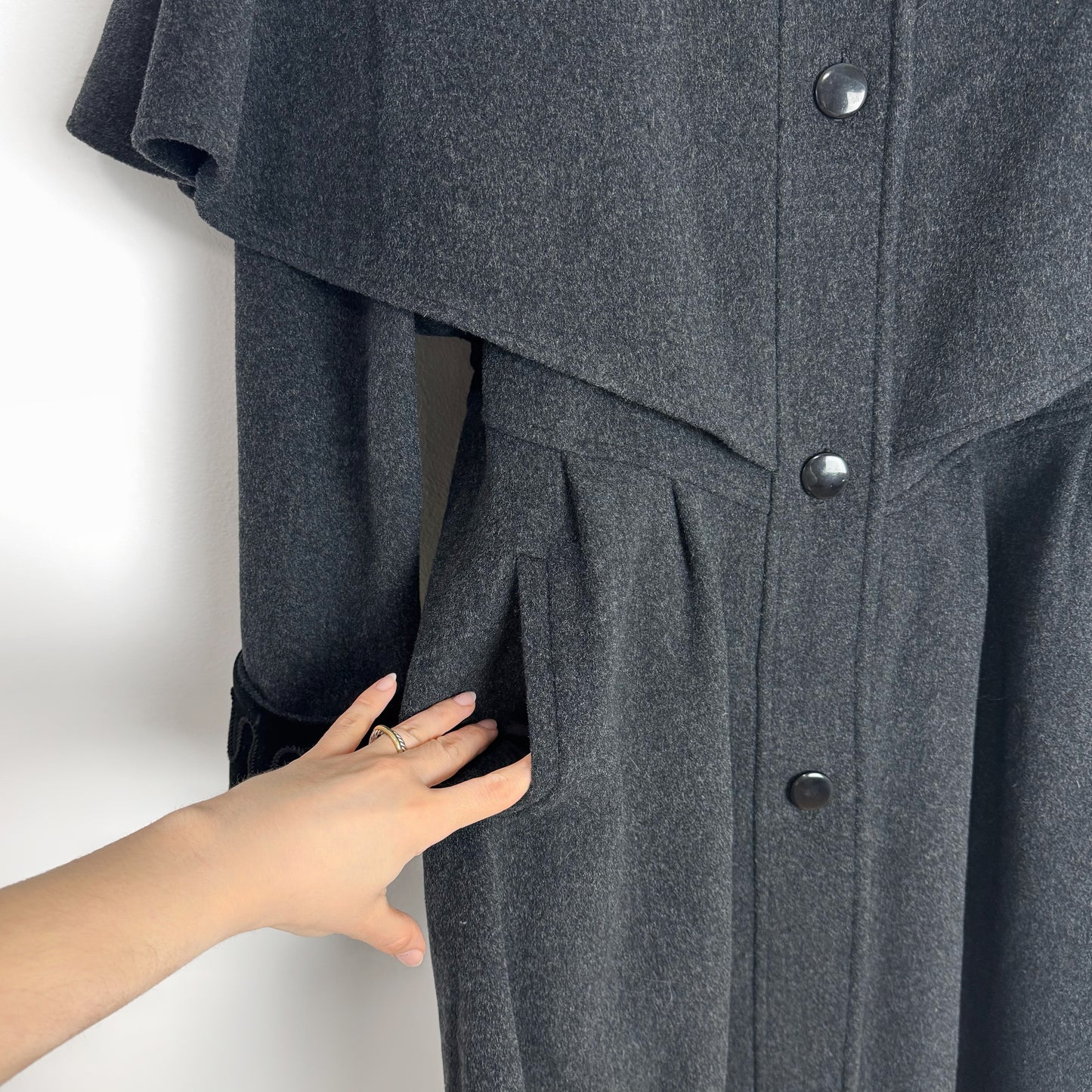 80s Charcoal Cape Coat with Velvet Details
