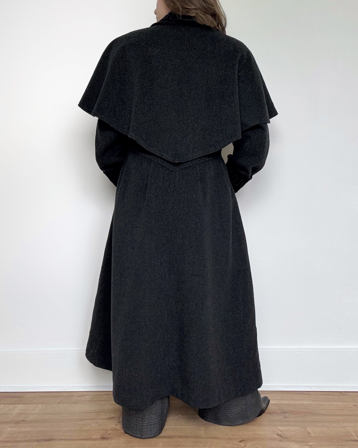 80s Charcoal Cape Coat with Velvet Details
