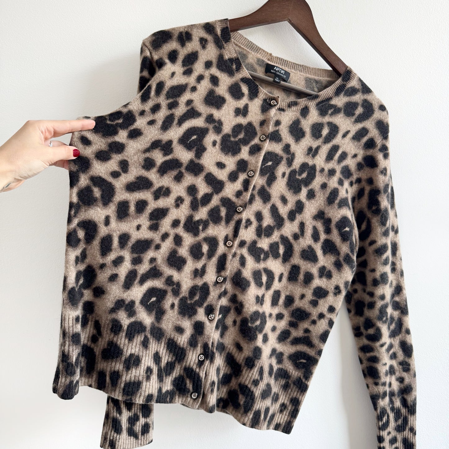 Cashmere Crewneck Cardigan Sweater in Leopard Print