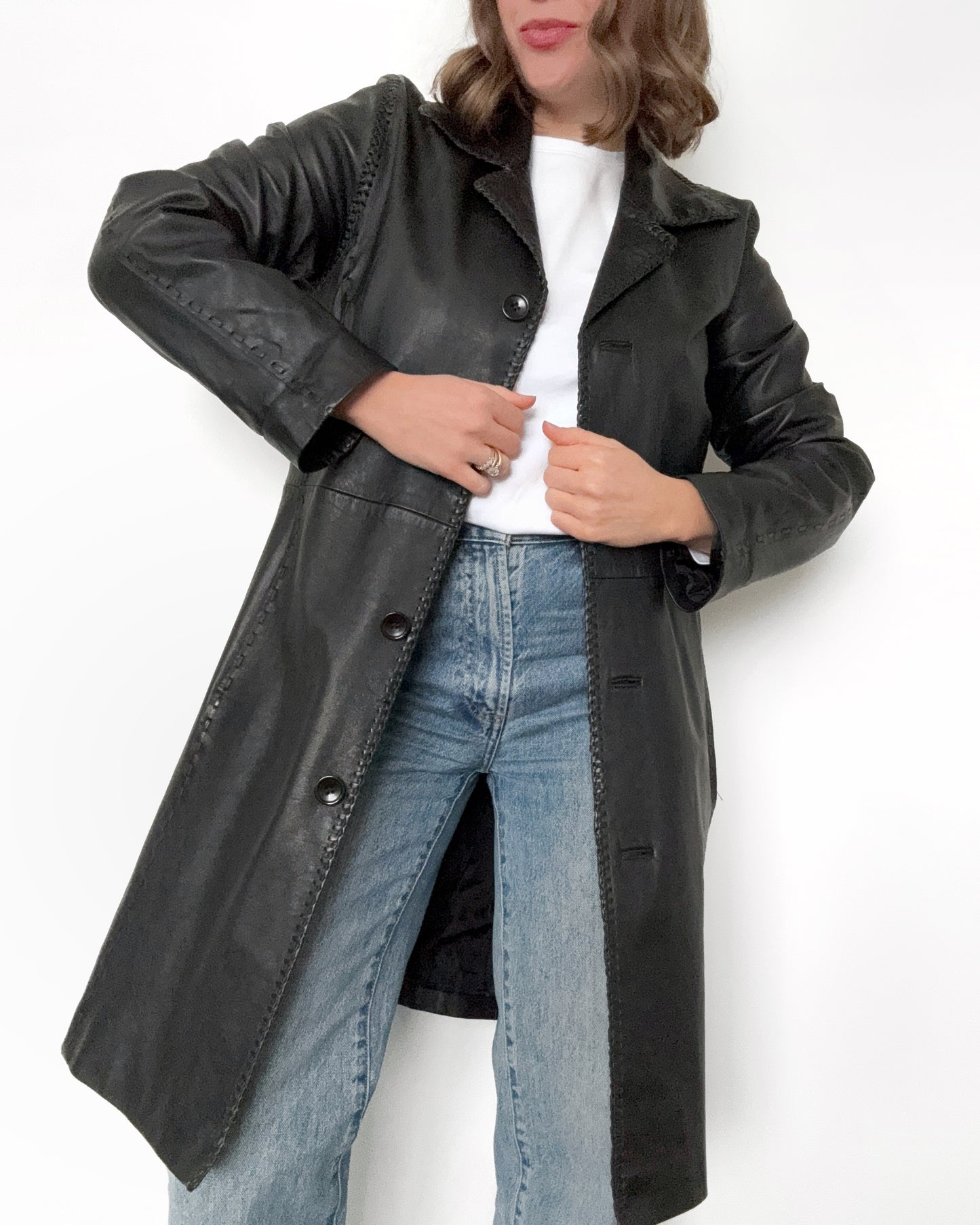 00s Genuine Leather Braided Trench Coat