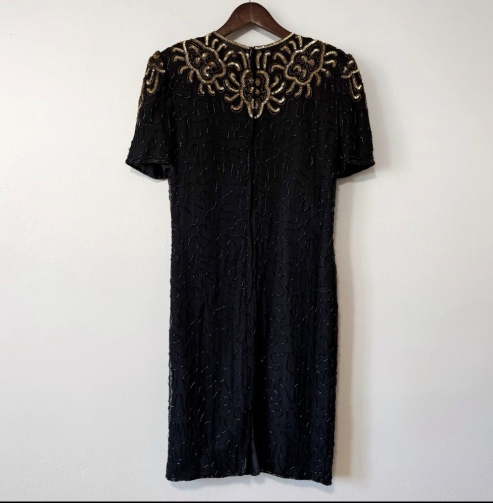 80s Silk Beaded Sequin Knee Length Dress
