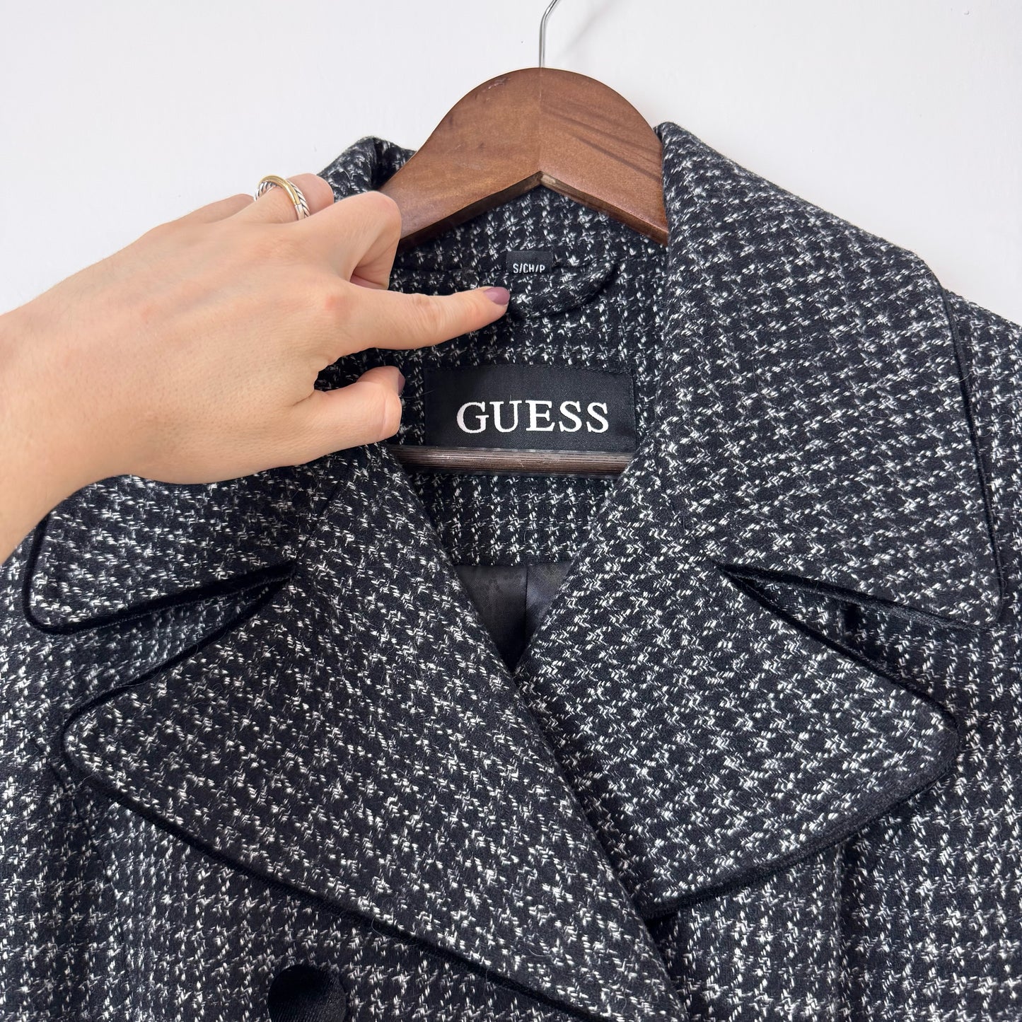 Guess Velvet Trim Coat in Herringbone Tweed