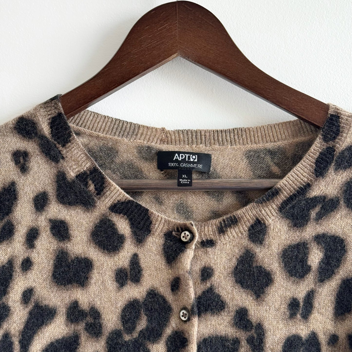 Cashmere Crewneck Cardigan Sweater in Leopard Print