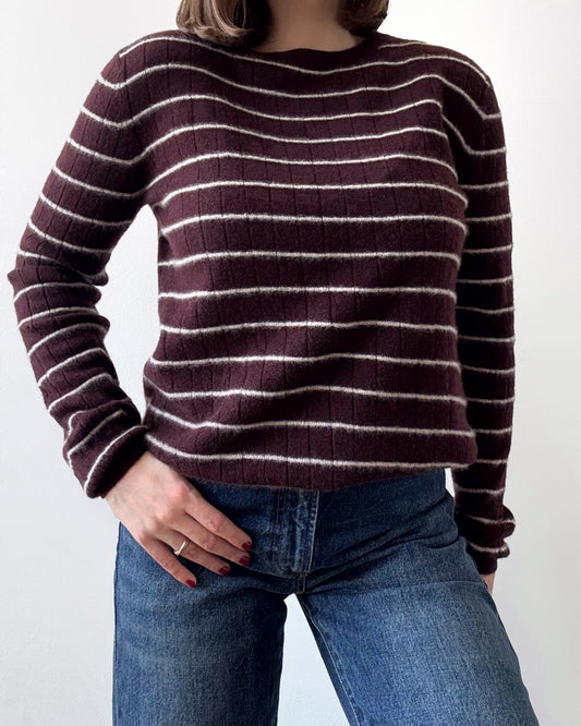 Cashmere Striped Crewneck Sweater in Chocolate Brown