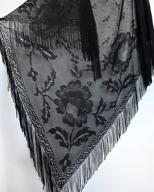 Sheer Floral Fringe Scarf / Sarong in Black