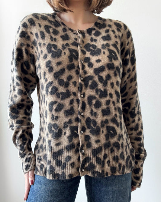 Cashmere Crewneck Cardigan Sweater in Leopard Print