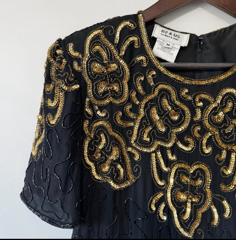 80s Silk Beaded Sequin Knee Length Dress