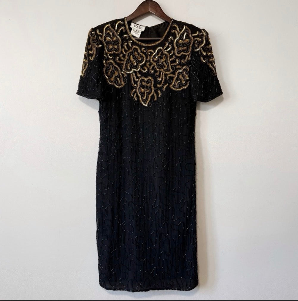 80s Silk Beaded Sequin Knee Length Dress