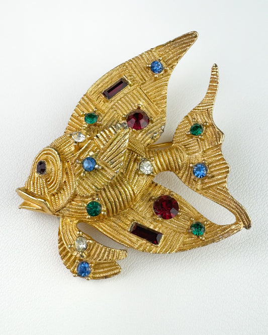 50s/60s Textured Fish Brooch Multi Color Stones