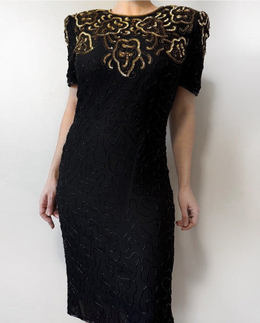 80s Silk Beaded Sequin Knee Length Dress