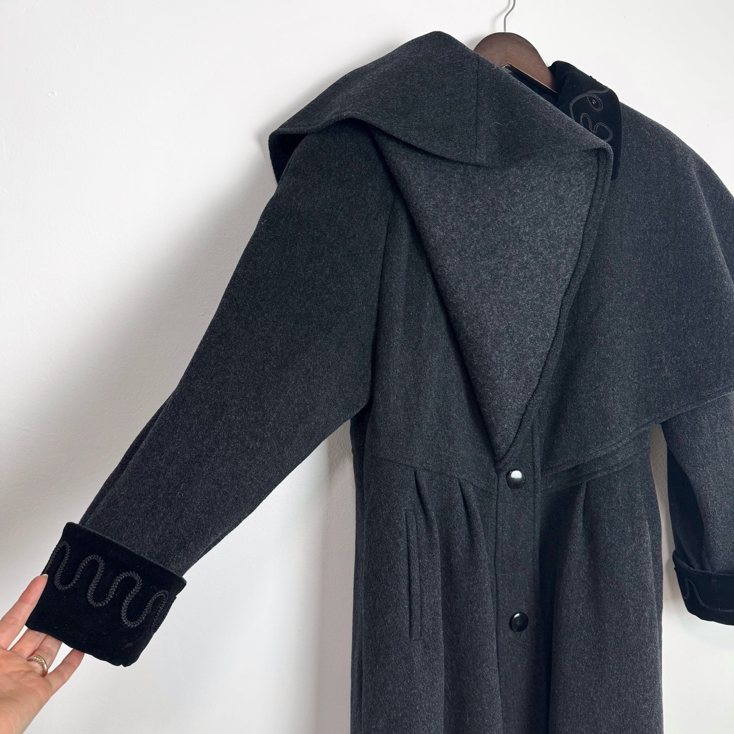 80s Charcoal Cape Coat with Velvet Details