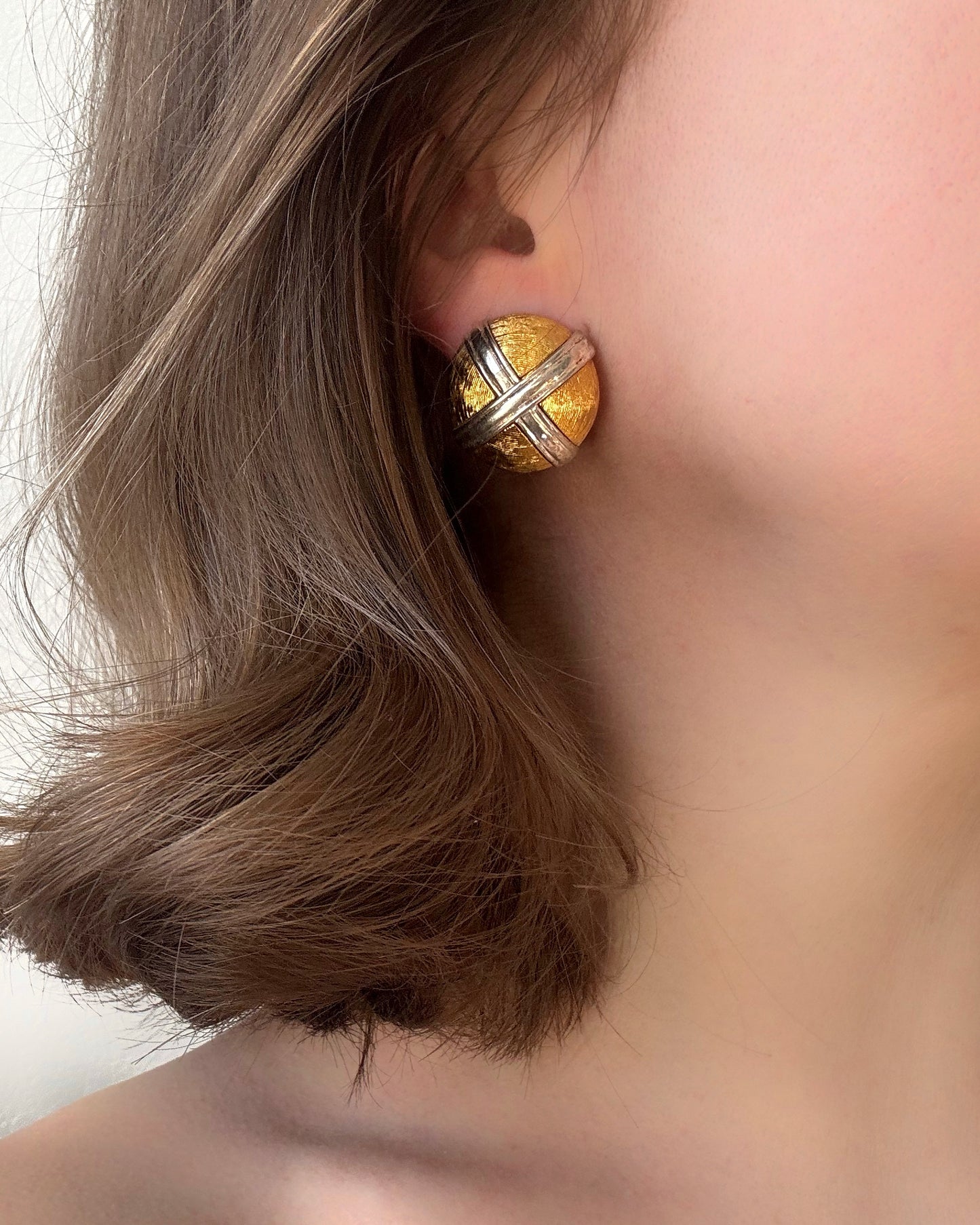 80s Two-tone Cross Dome Clip Earrings