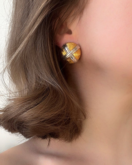 80s Two-tone Cross Dome Clip Earrings