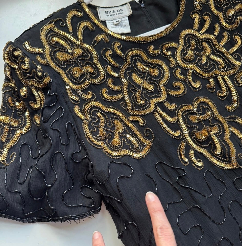 80s Silk Beaded Sequin Knee Length Dress
