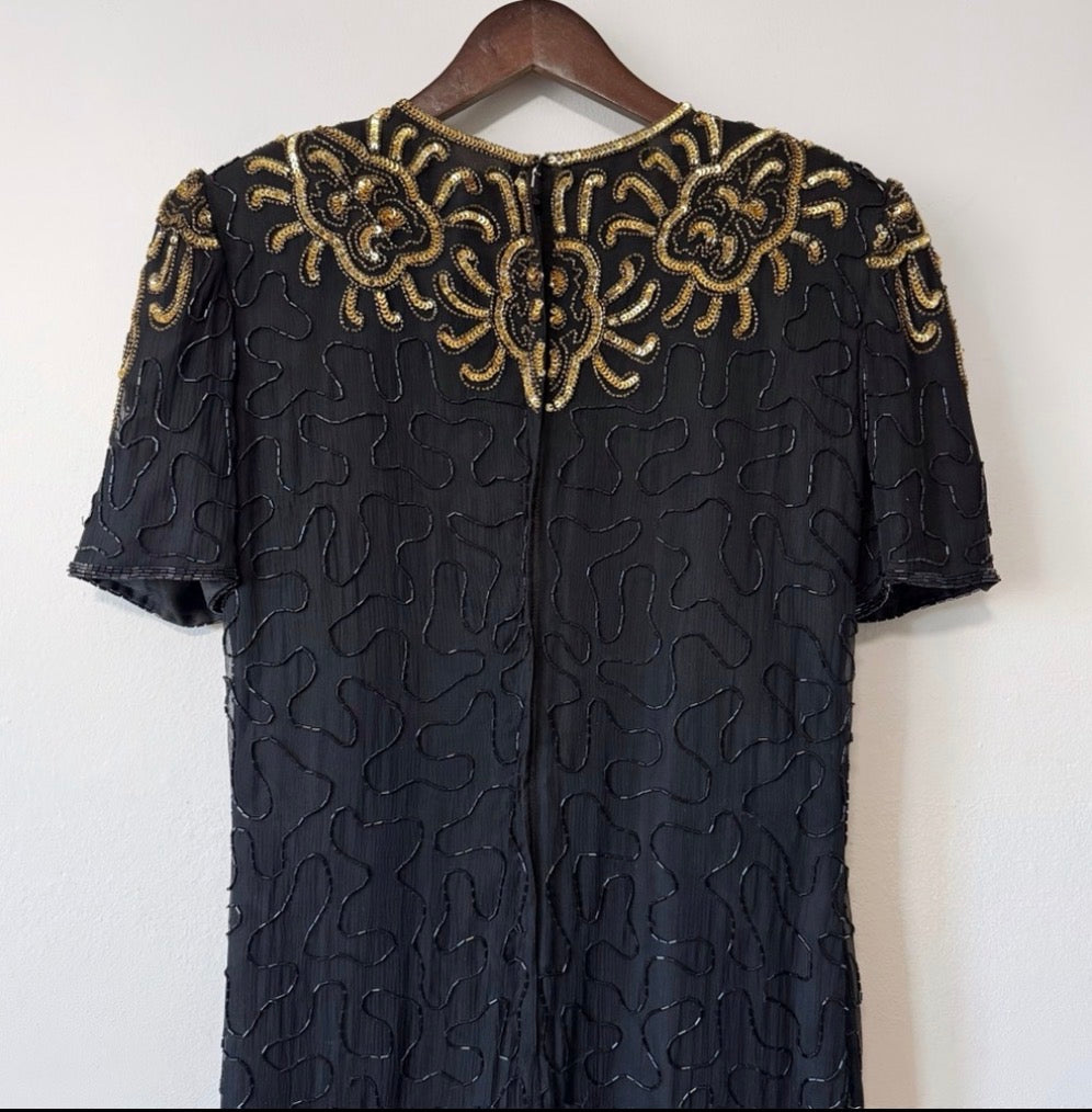 80s Silk Beaded Sequin Knee Length Dress