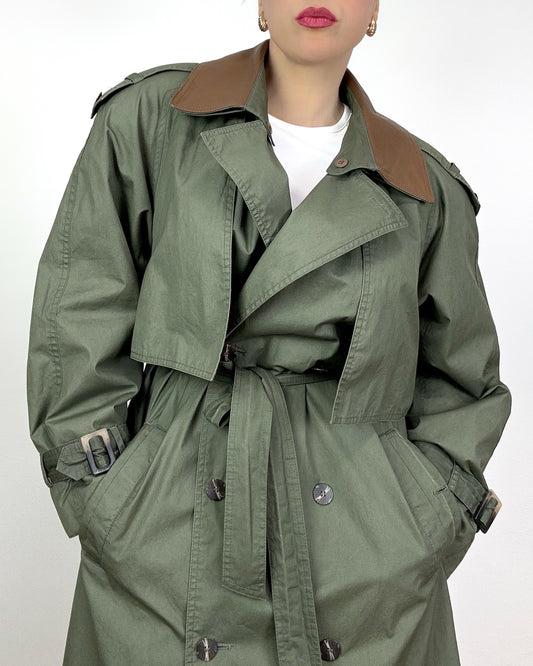 80s Trench Coat in Army Green with Leather Collar
