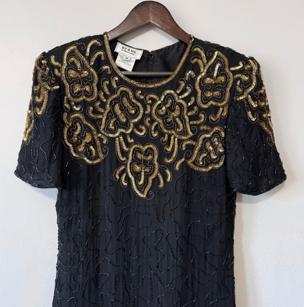 80s Silk Beaded Sequin Knee Length Dress