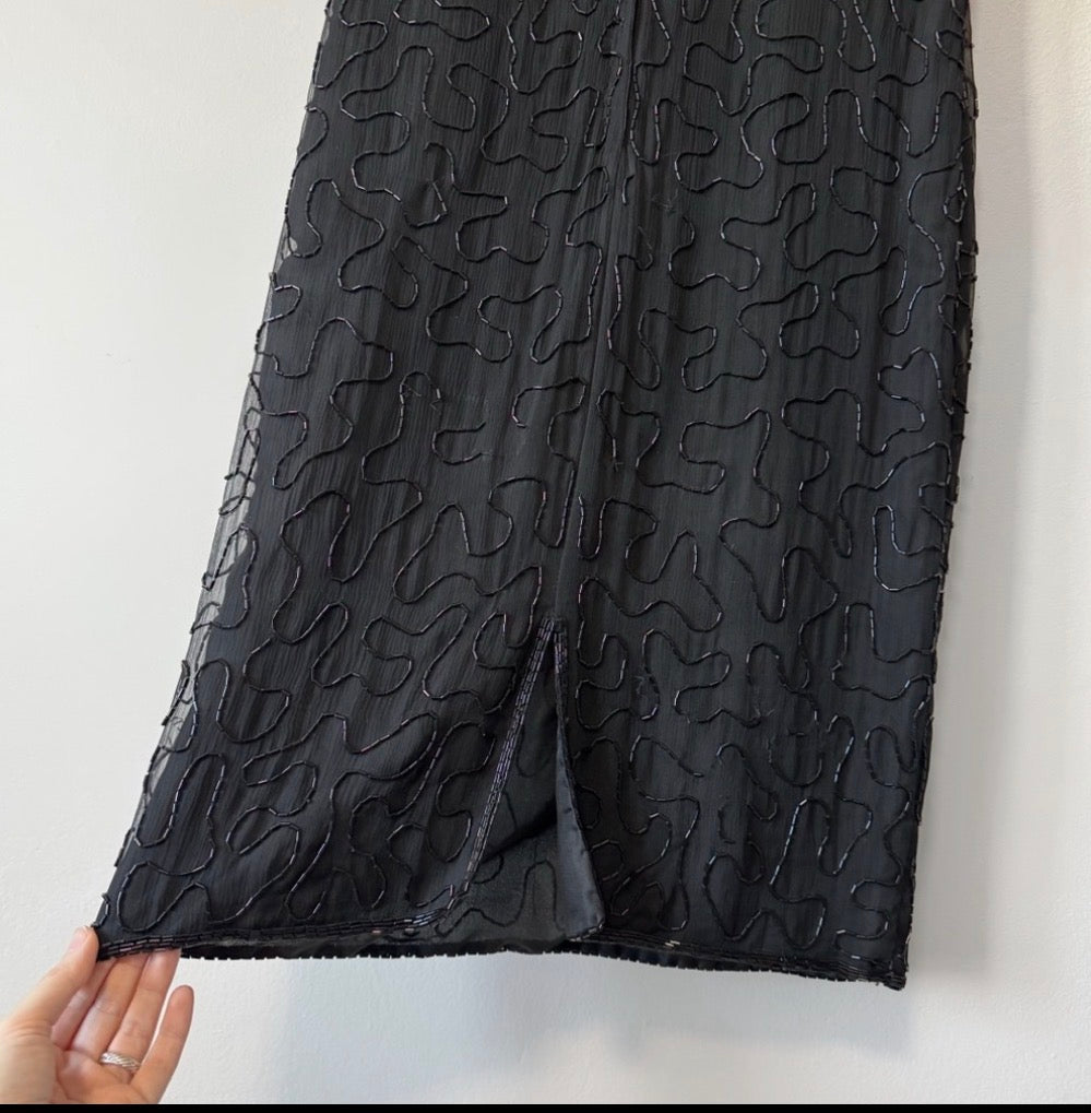 80s Silk Beaded Sequin Knee Length Dress