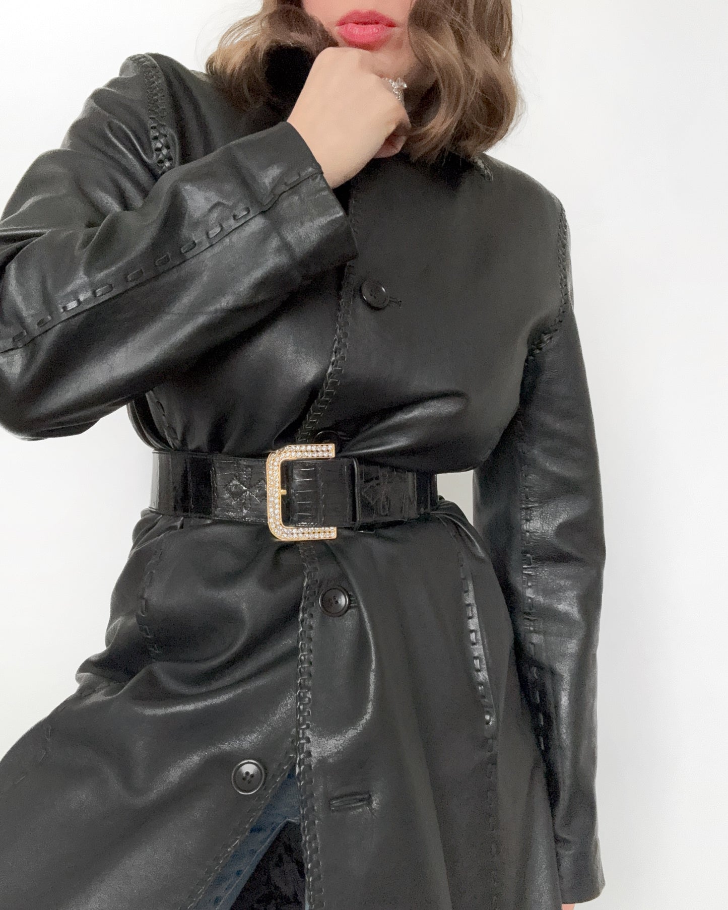 00s Genuine Leather Braided Trench Coat