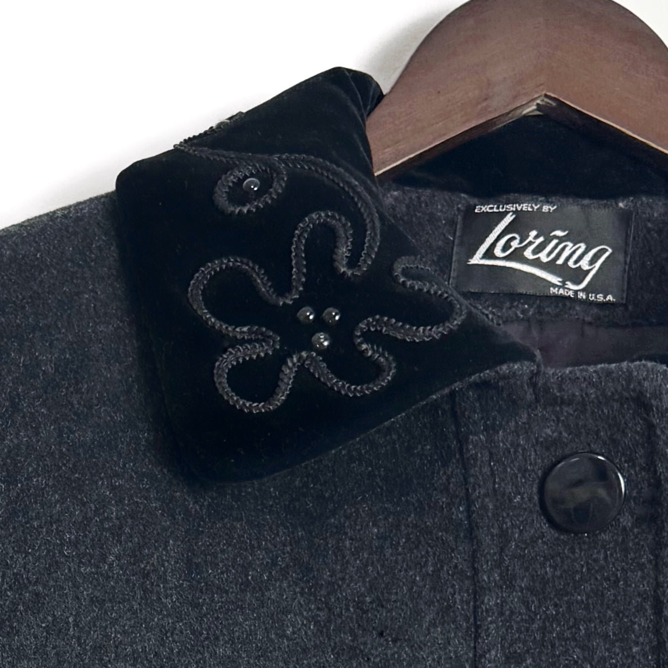 80s Charcoal Cape Coat with Velvet Details