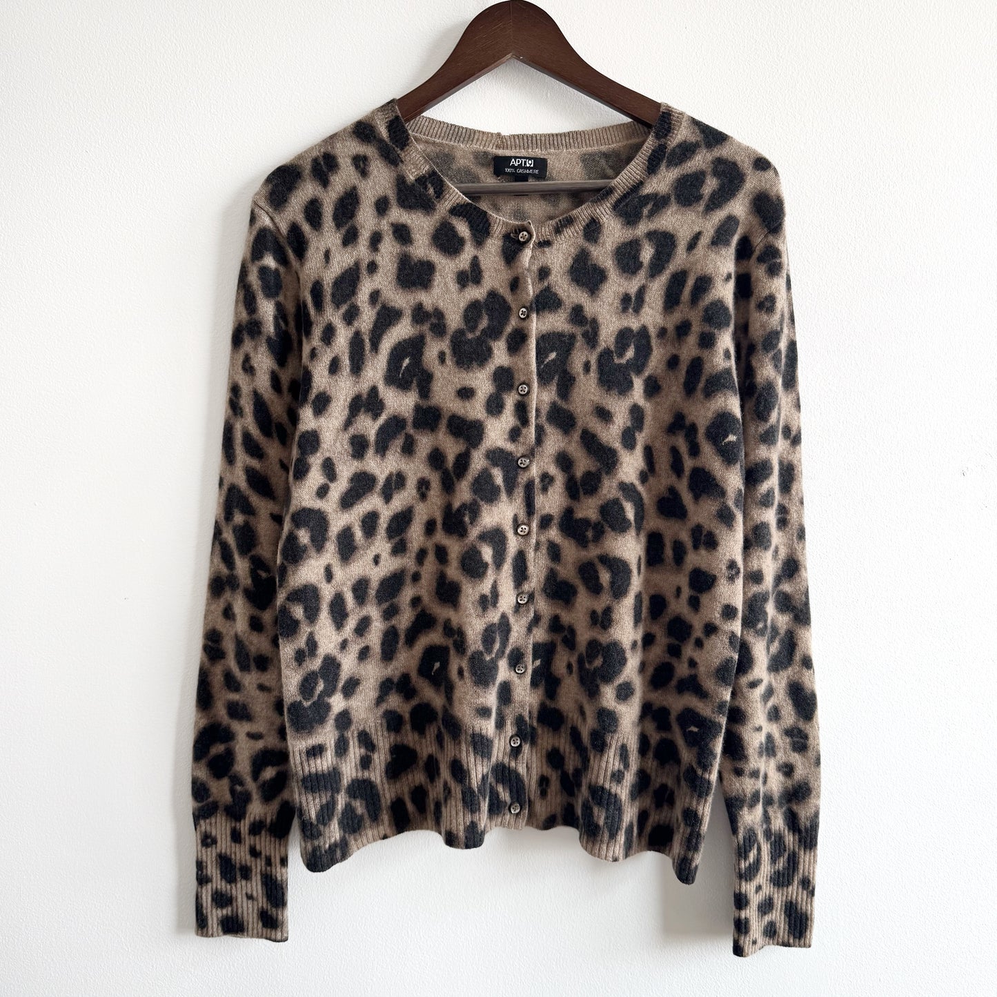 Cashmere Crewneck Cardigan Sweater in Leopard Print