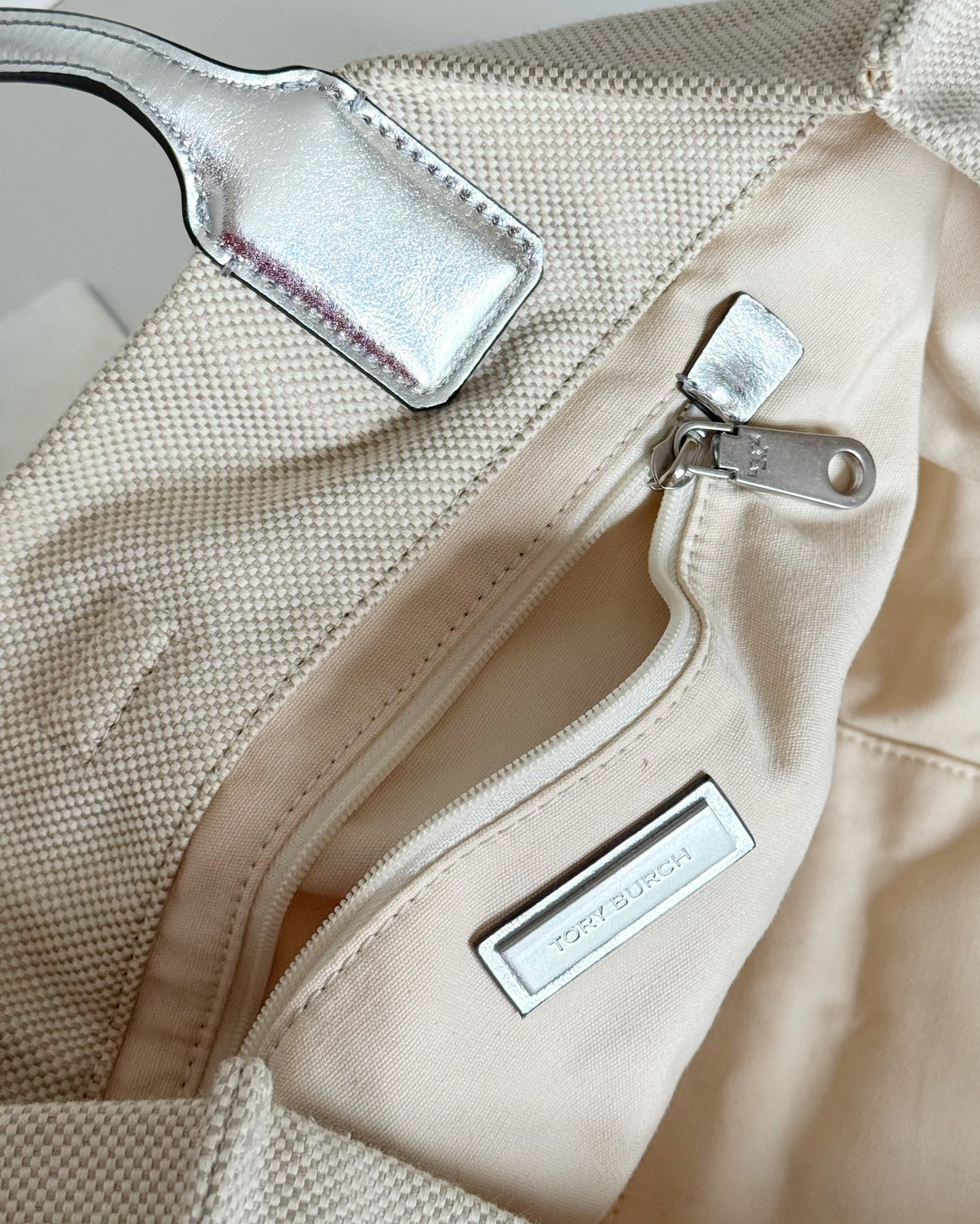 Tory Burch Canvas Logo Tote in Silver