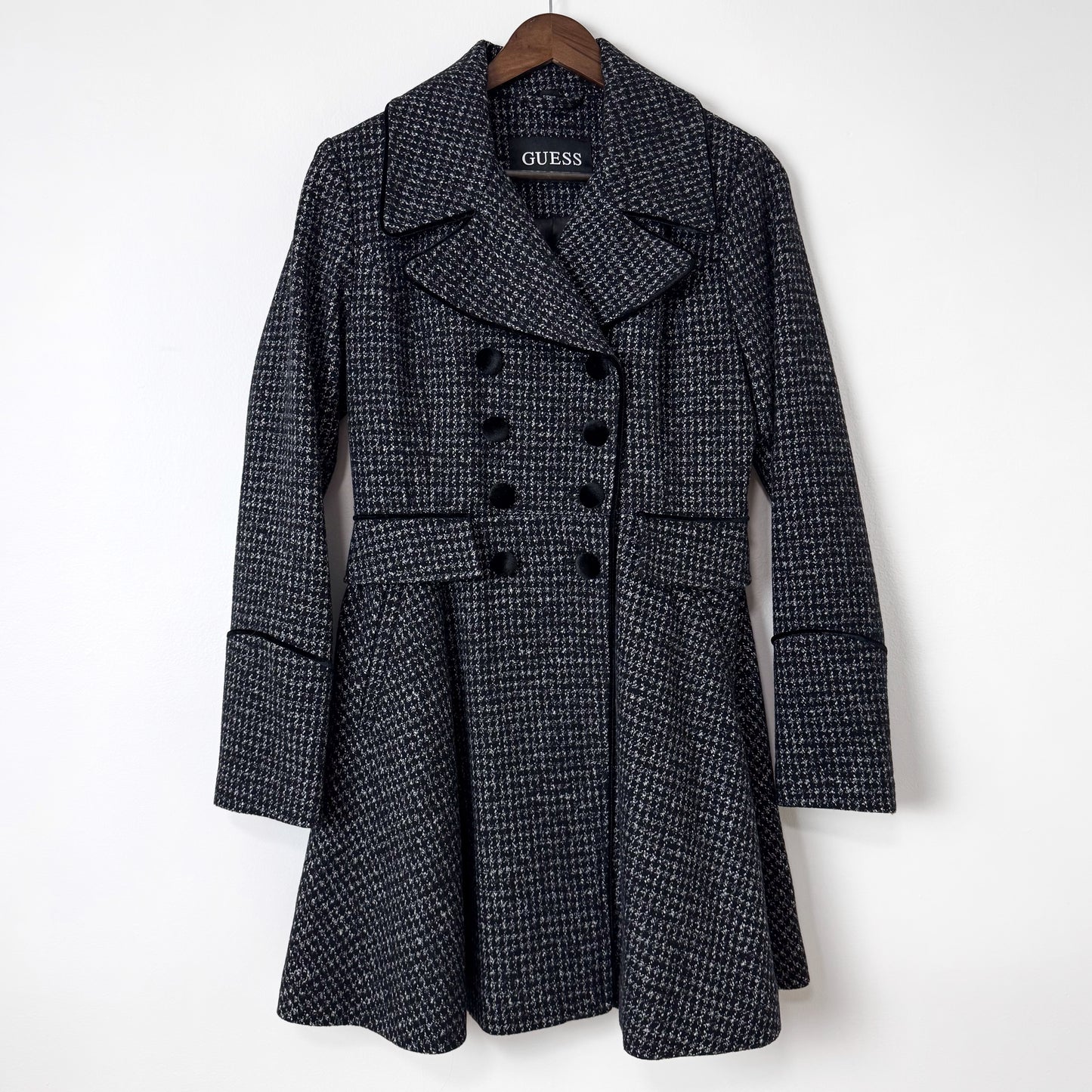 Guess Velvet Trim Coat in Herringbone Tweed