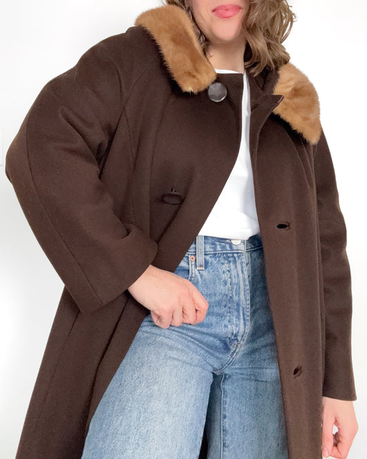 50s Chocolate Brown Cape Coat with Genuine Mink Collar