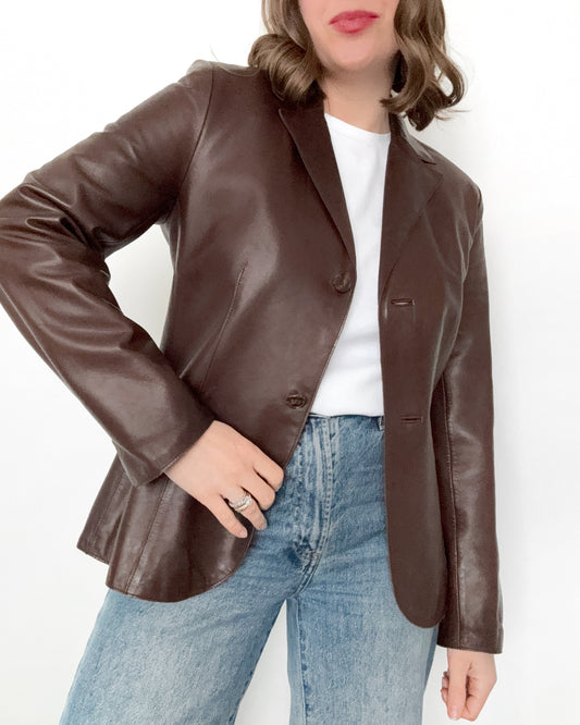 90s-00s Genuine Leather Chocolate Brown Blazer
