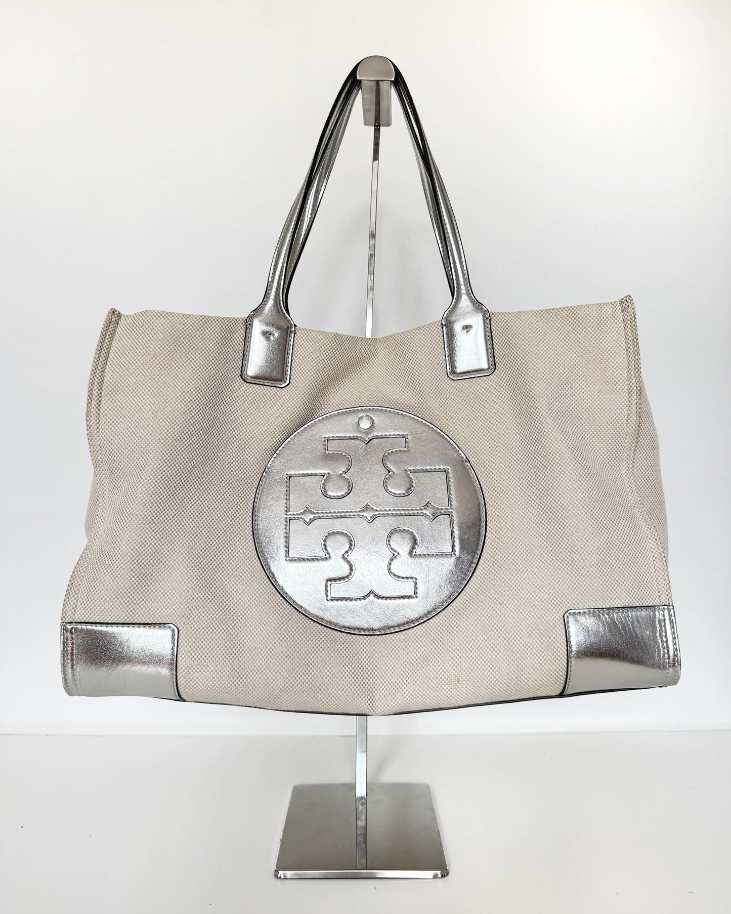 Tory Burch Canvas Logo Tote in Silver