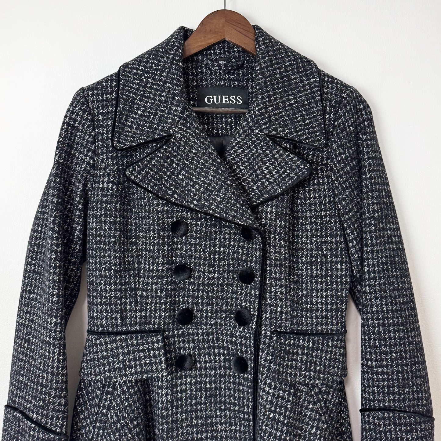 Guess Velvet Trim Coat in Herringbone Tweed
