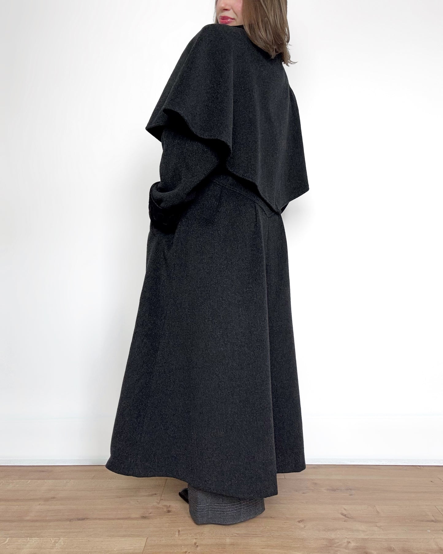 80s Charcoal Cape Coat with Velvet Details