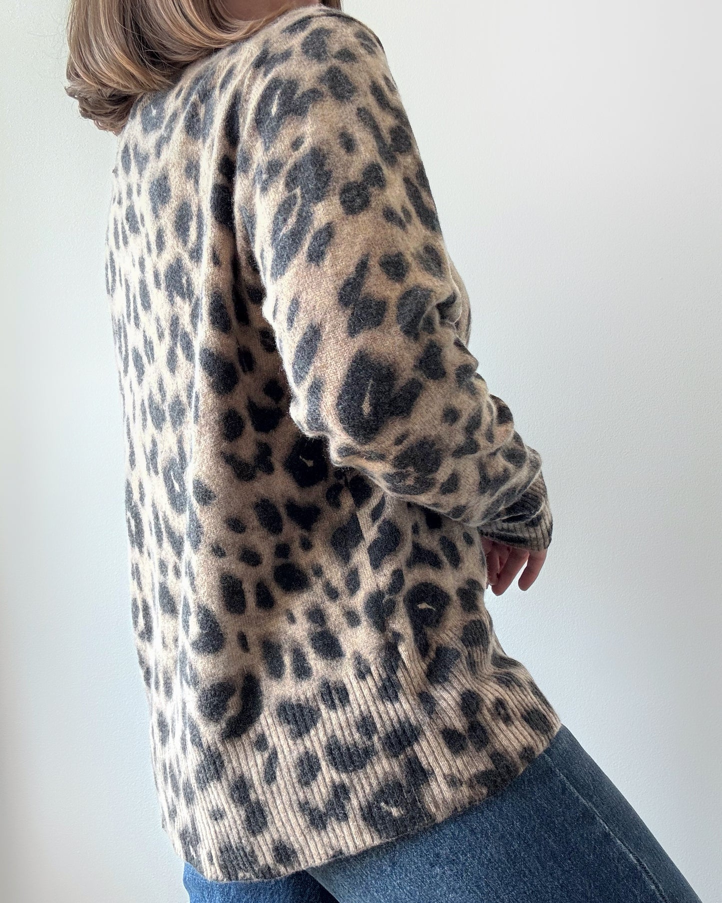 Cashmere Crewneck Cardigan Sweater in Leopard Print