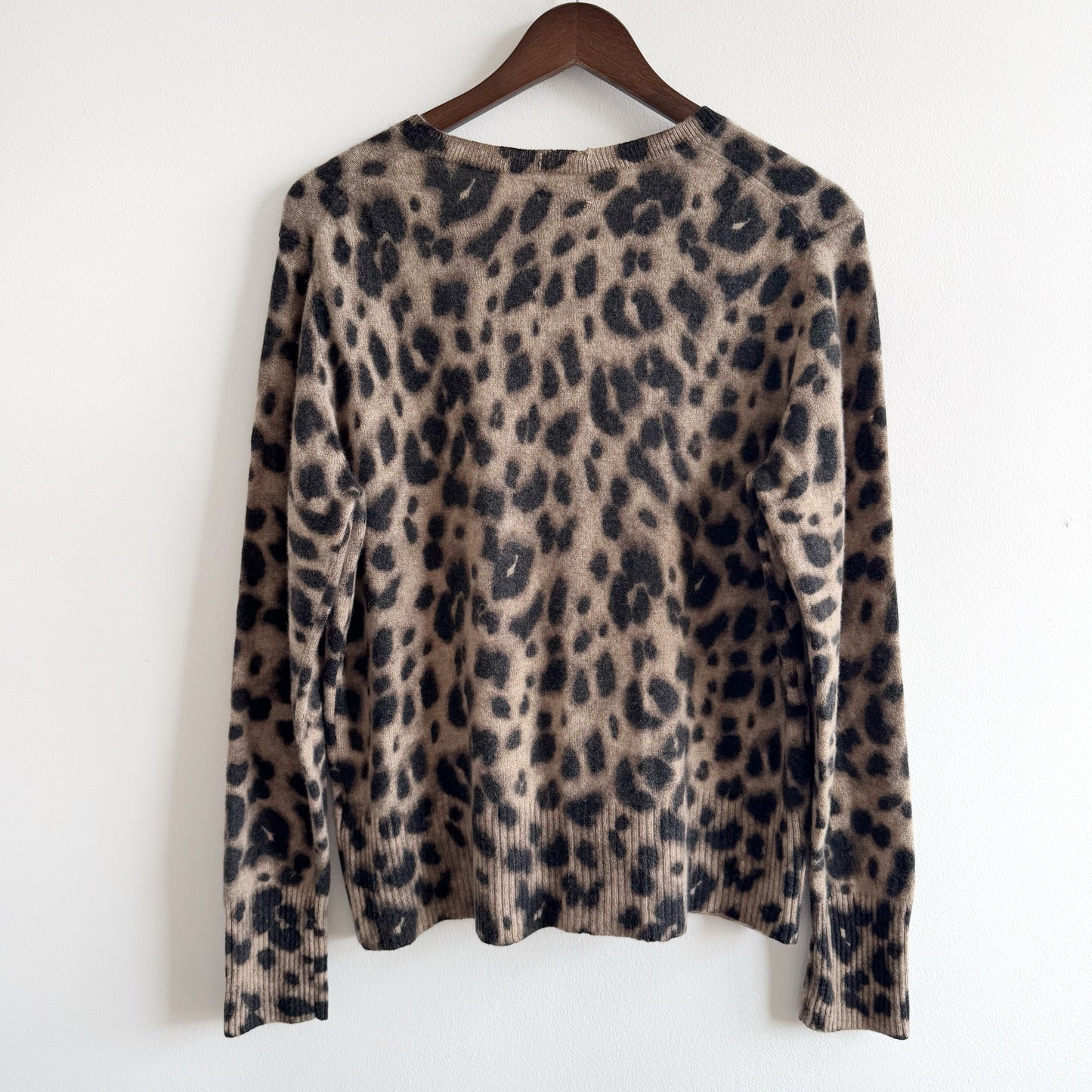 Cashmere Crewneck Cardigan Sweater in Leopard Print