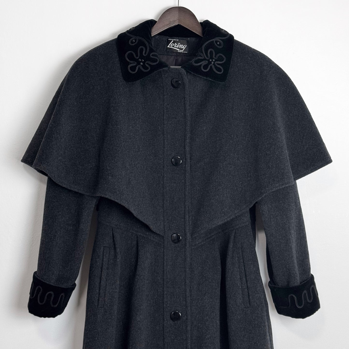 80s Charcoal Cape Coat with Velvet Details