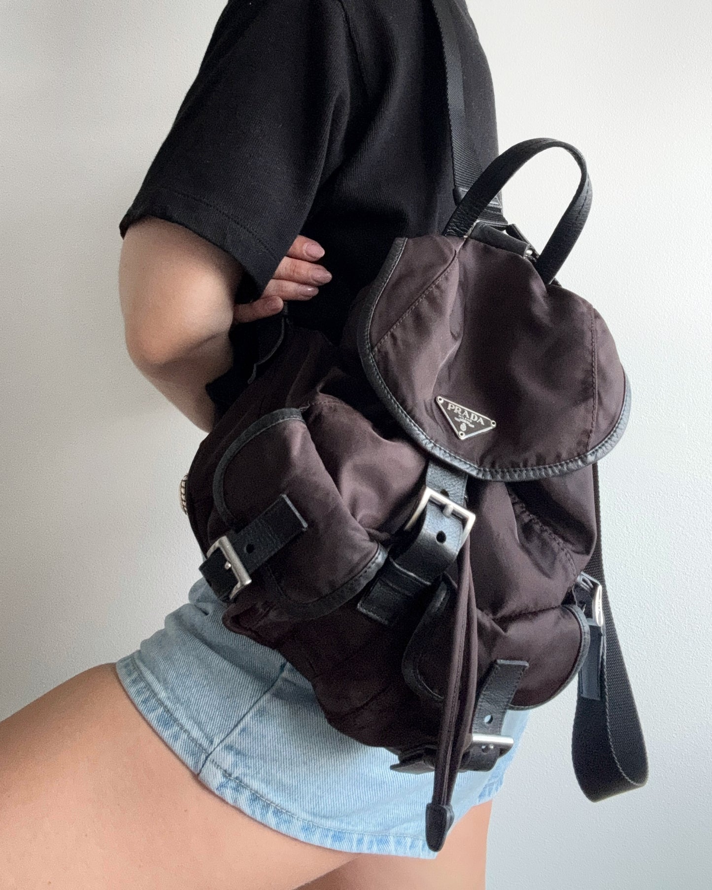 Prada Tessuto Nylon Small Backpack Triangle Logo Chocolate Brown