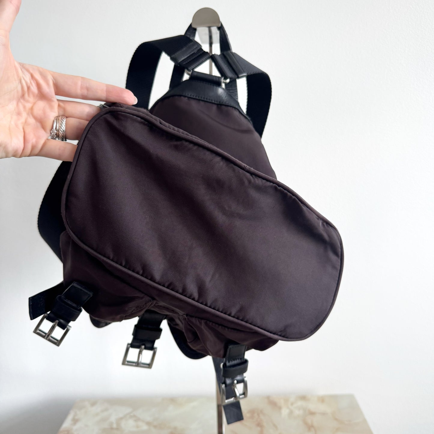 Prada Tessuto Nylon Small Backpack Triangle Logo Chocolate Brown