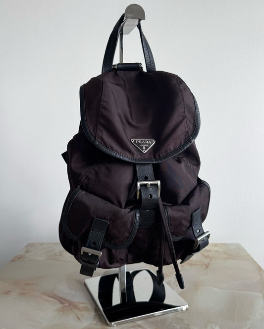 Prada Tessuto Nylon Small Backpack Triangle Logo Chocolate Brown