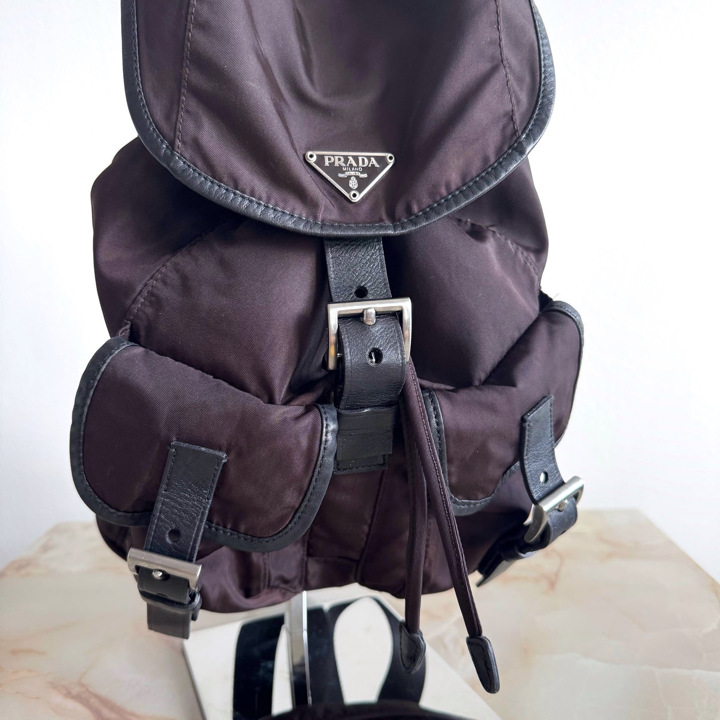 Prada Tessuto Nylon Small Backpack Triangle Logo Chocolate Brown