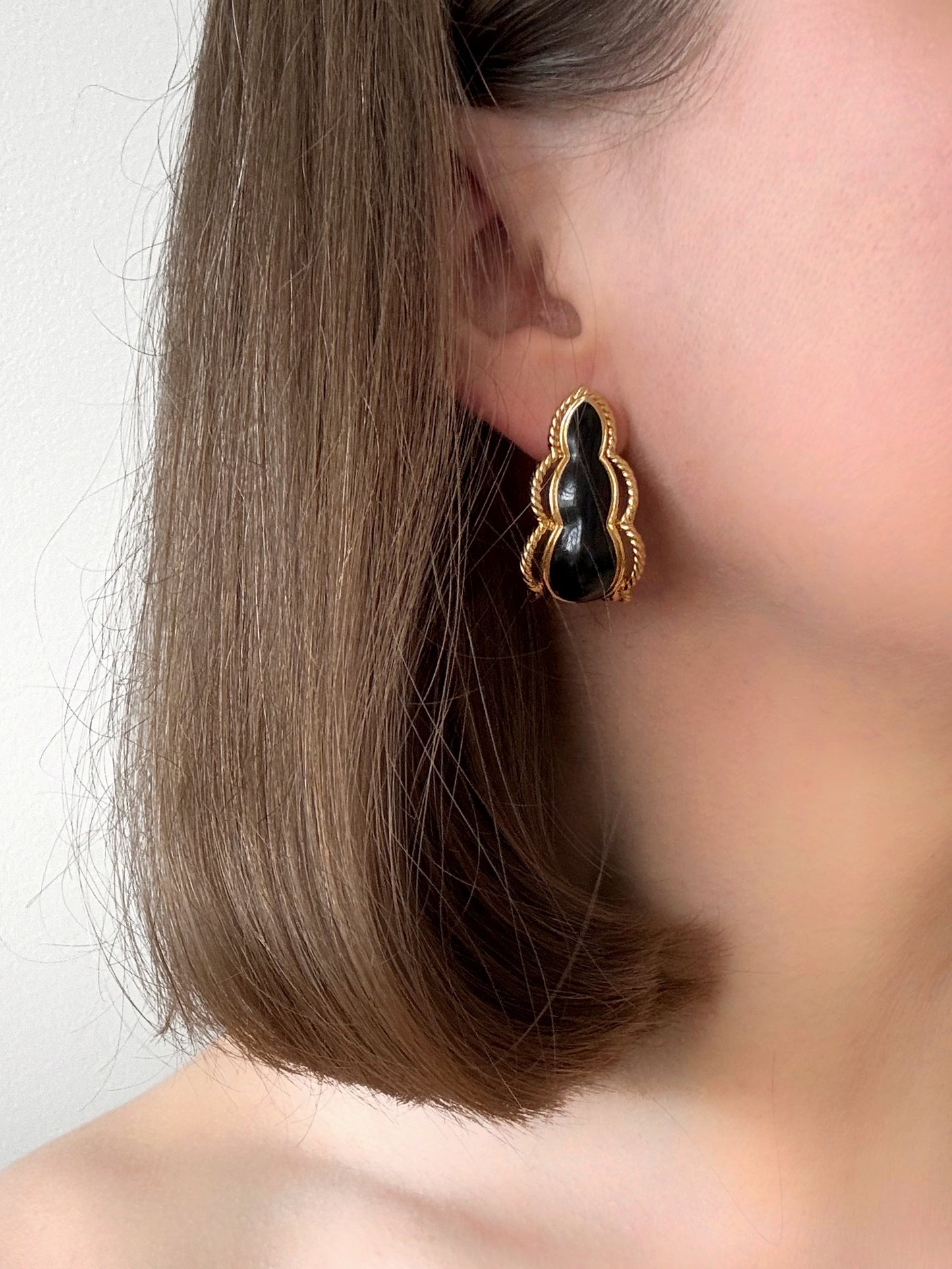 Vintage Gold-tone Black Enamel Earrings